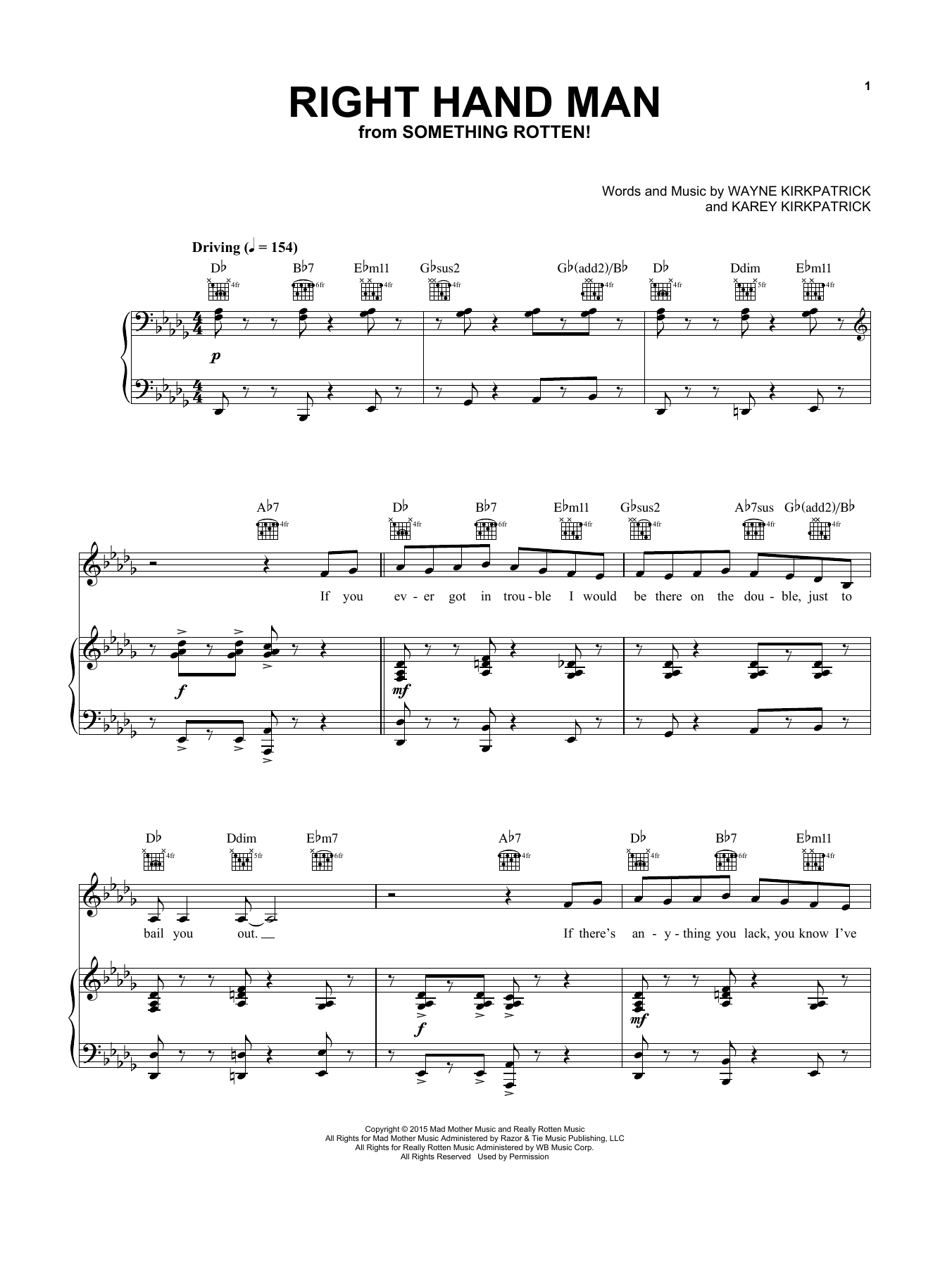 Download Karey Kirkpatrick and Wayne Kirkpatrick Right Hand Man (from Something Rotten!) Sheet Music and learn how to play Very Easy Piano PDF digital score in minutes