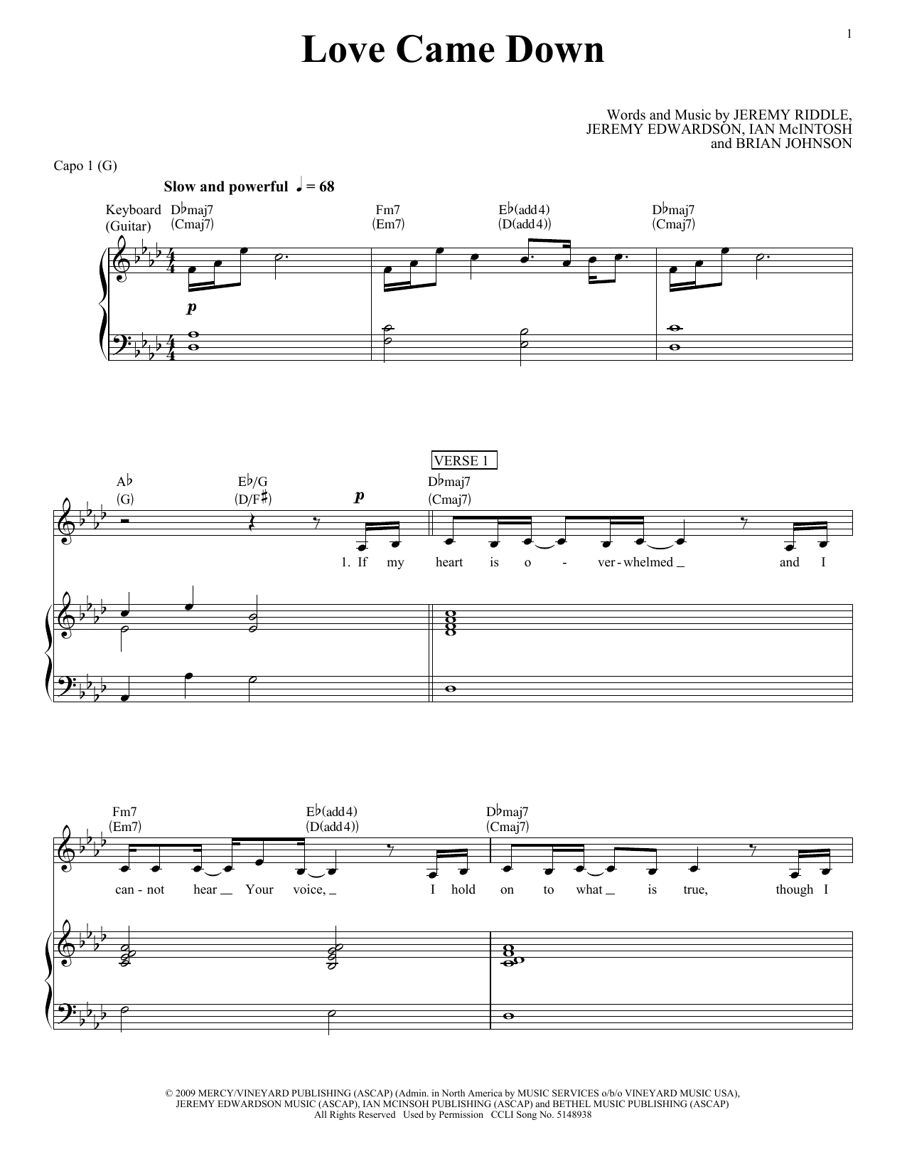 Download Kari Jobe Love Came Down Sheet Music and learn how to play Lead Sheet / Fake Book PDF digital score in minutes