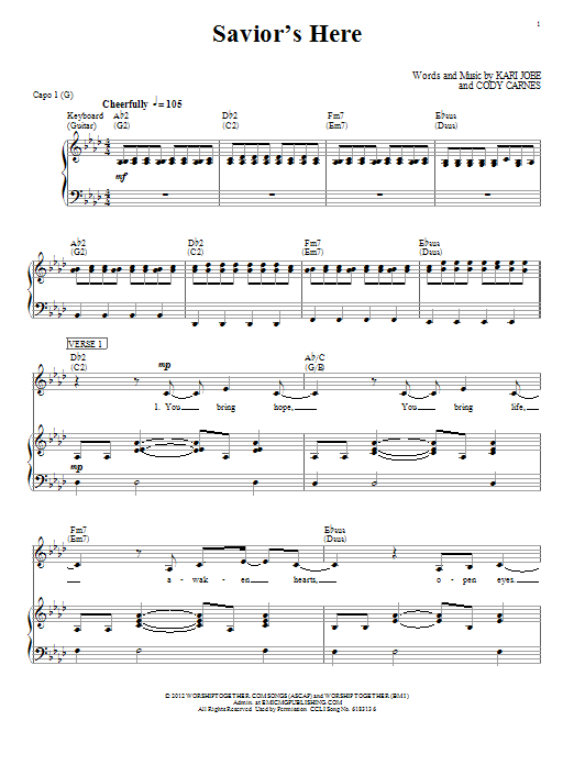Download Kari Jobe Savior's Here Sheet Music and learn how to play Piano, Vocal & Guitar (Right-Hand Melody) PDF digital score in minutes