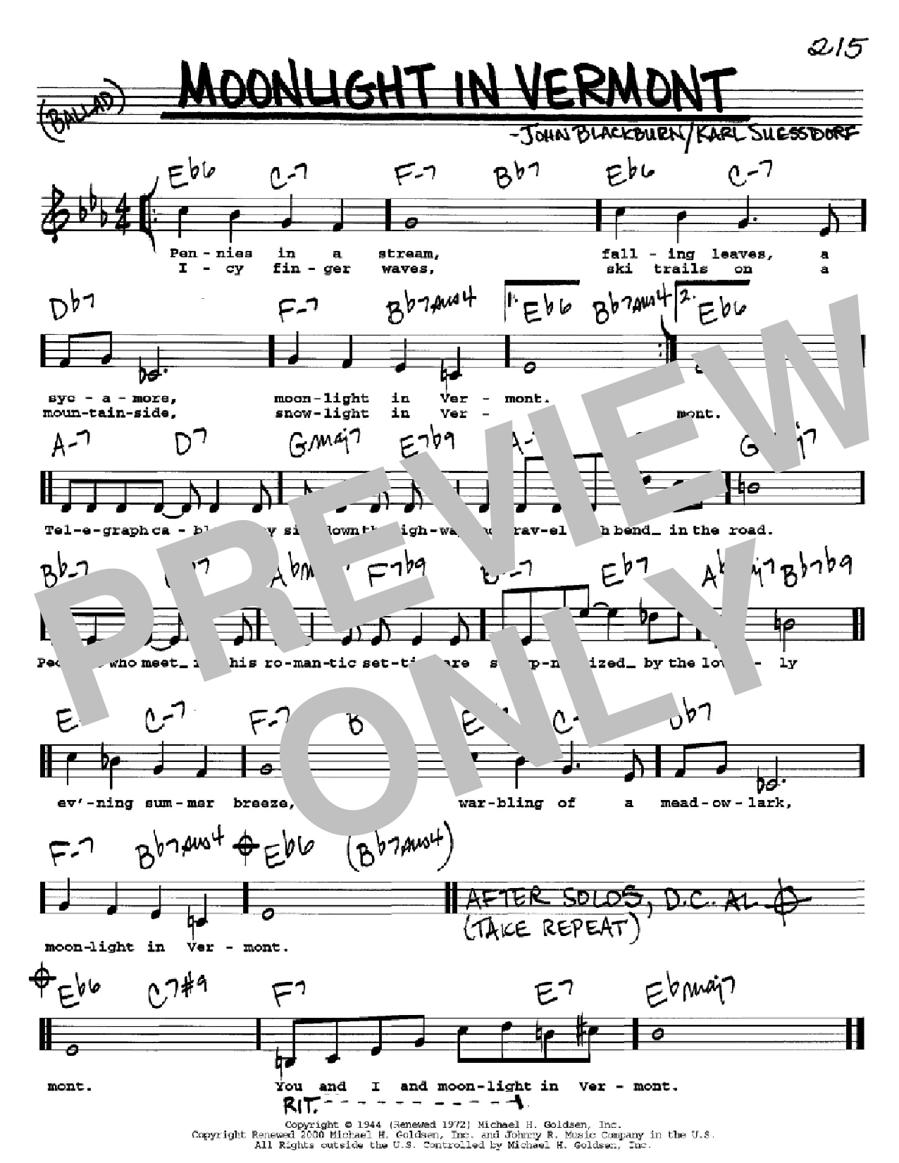 Download Karl Suessdorf Moonlight In Vermont Sheet Music and learn how to play Real Book - Melody & Chords - C Instruments PDF digital score in minutes