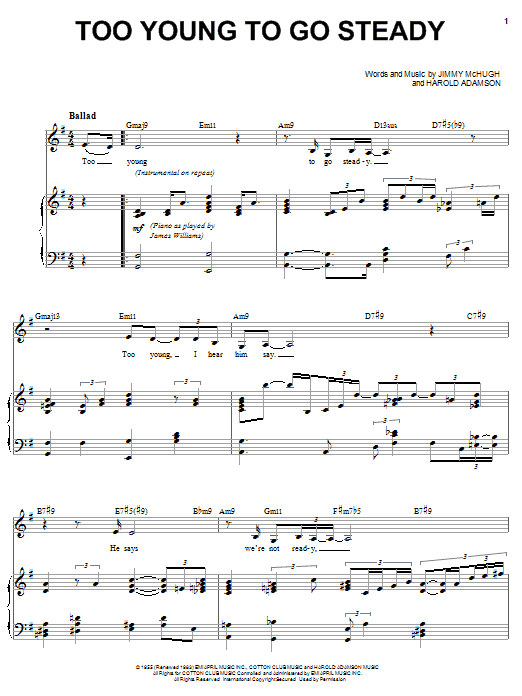 Download Karrin Allyson Too Young To Go Steady Sheet Music and learn how to play Piano, Vocal & Guitar (Right-Hand Melody) PDF digital score in minutes