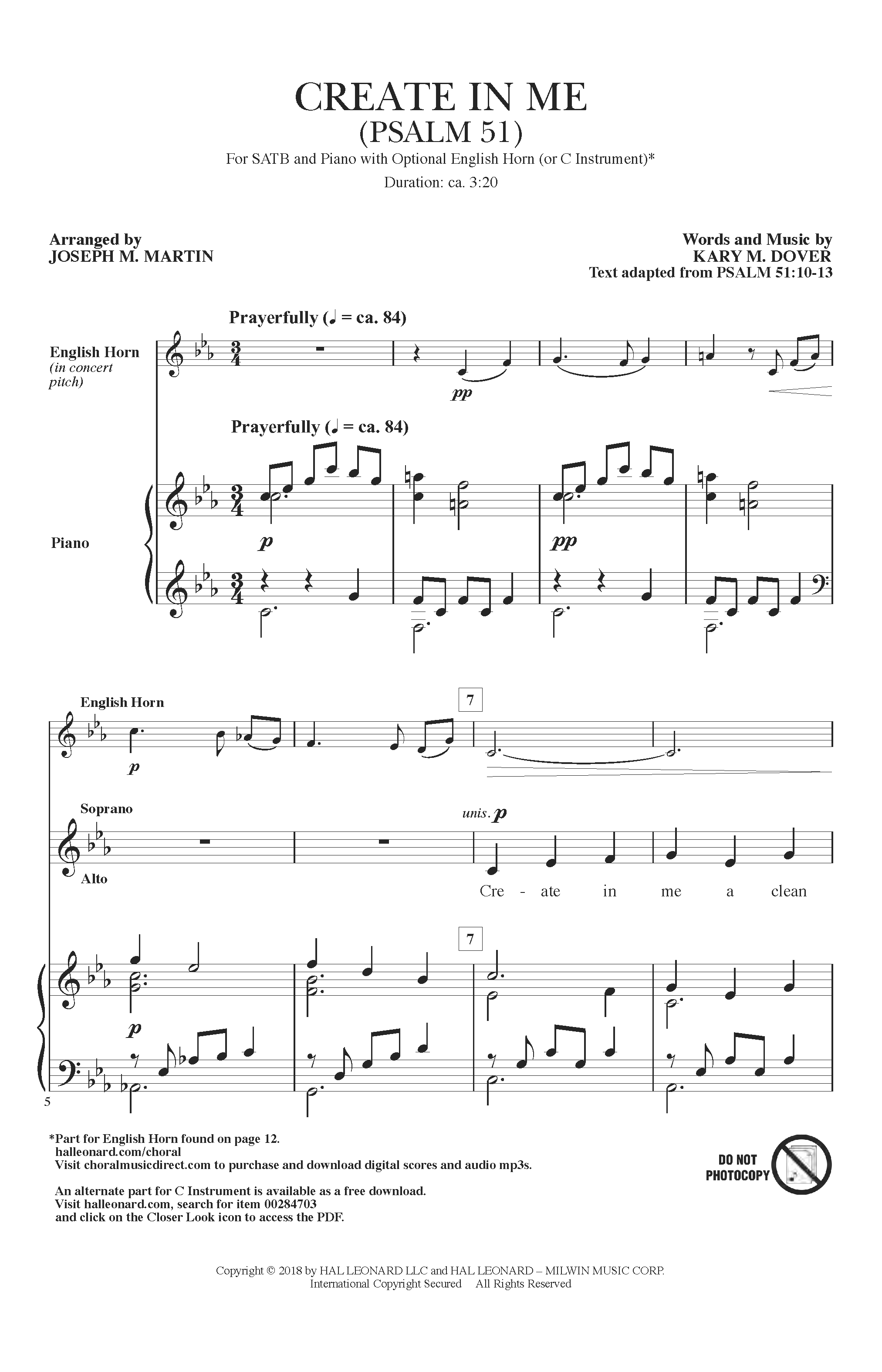 Download Kary Dover Create In Me (Psalm 51) (arr. Joseph M. Martin) Sheet Music and learn how to play SATB Choir PDF digital score in minutes