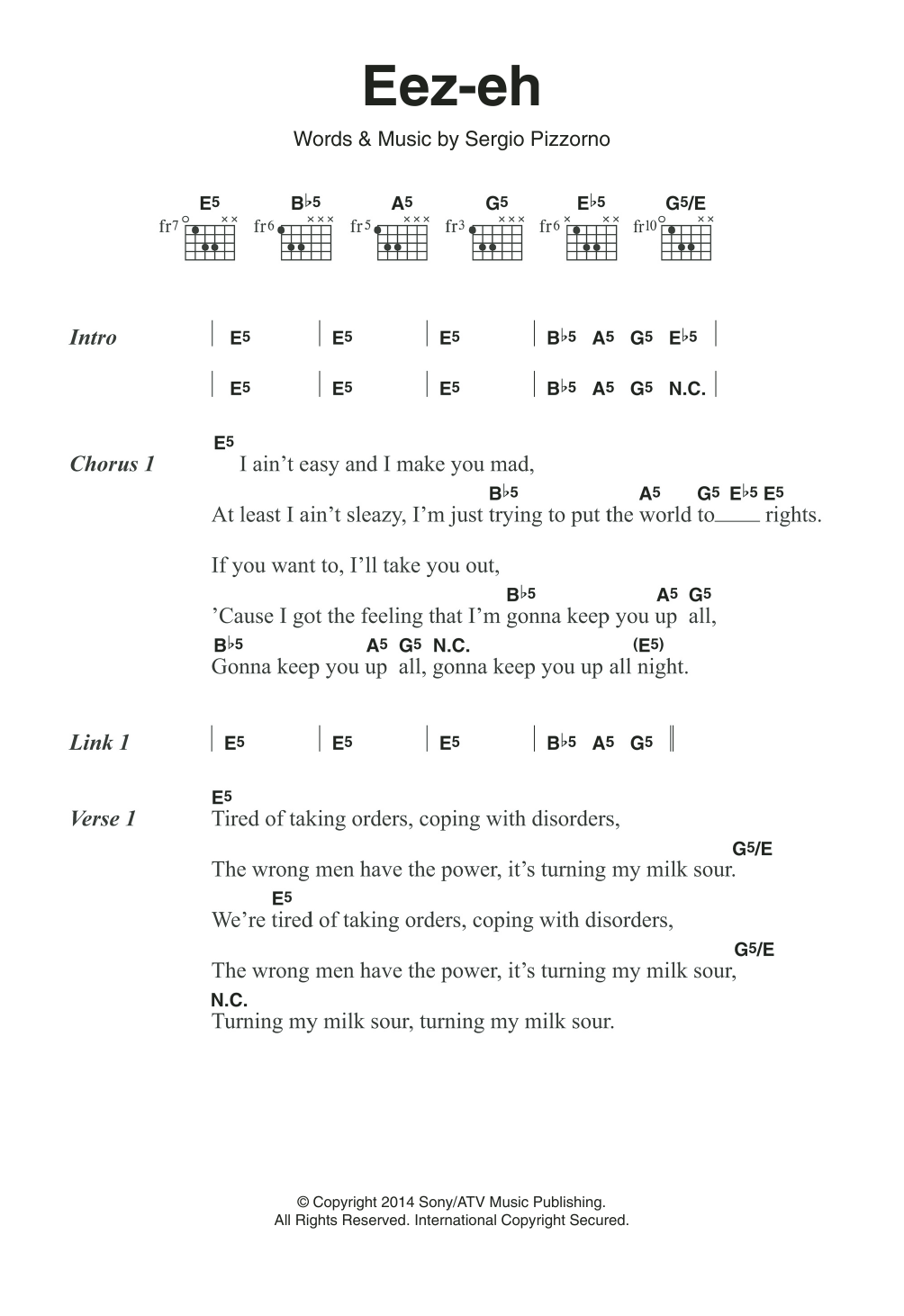 Download Kasabian Eez-Eh Sheet Music and learn how to play Lyrics & Chords PDF digital score in minutes
