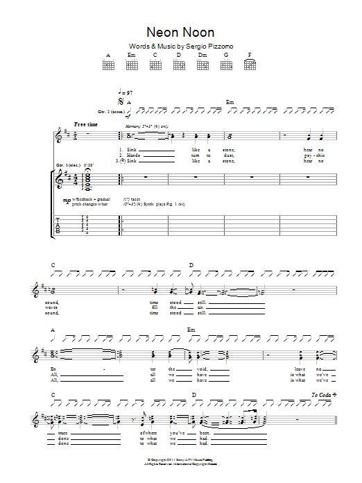 Download Kasabian Neon Noon Sheet Music and learn how to play Guitar Tab PDF digital score in minutes