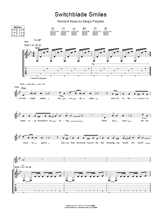 Download Kasabian Switchblade Smiles Sheet Music and learn how to play Guitar Tab PDF digital score in minutes