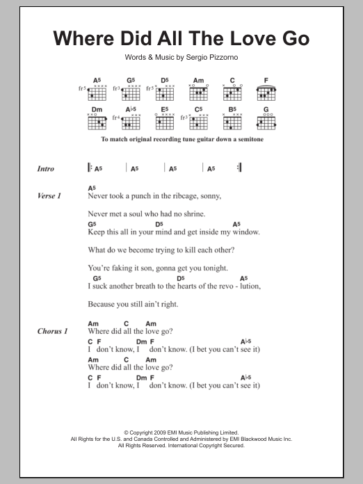Download Kasabian Where Did All The Love Go Sheet Music and learn how to play Lyrics & Chords PDF digital score in minutes