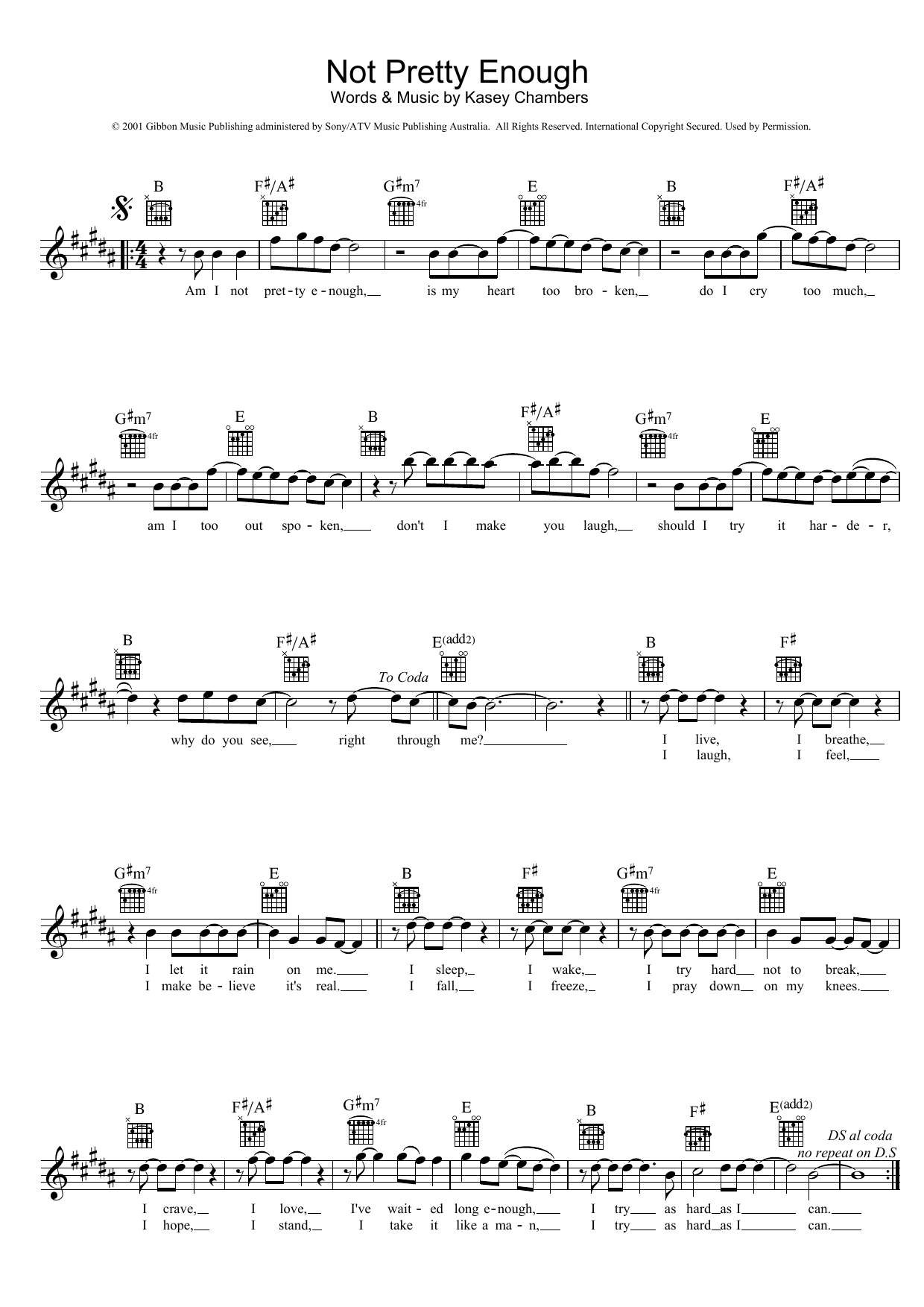 Download Kasey Chambers Not Pretty Enough Sheet Music and learn how to play Easy Piano PDF digital score in minutes