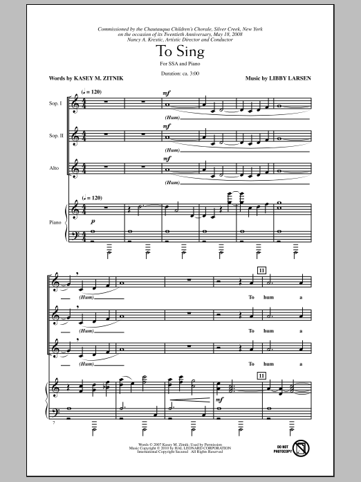 Download Kasey M. Zitnik To Sing Sheet Music and learn how to play SSA Choir PDF digital score in minutes