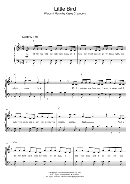 Download Kasey Chambers Little Bird Sheet Music and learn how to play Beginner Piano PDF digital score in minutes