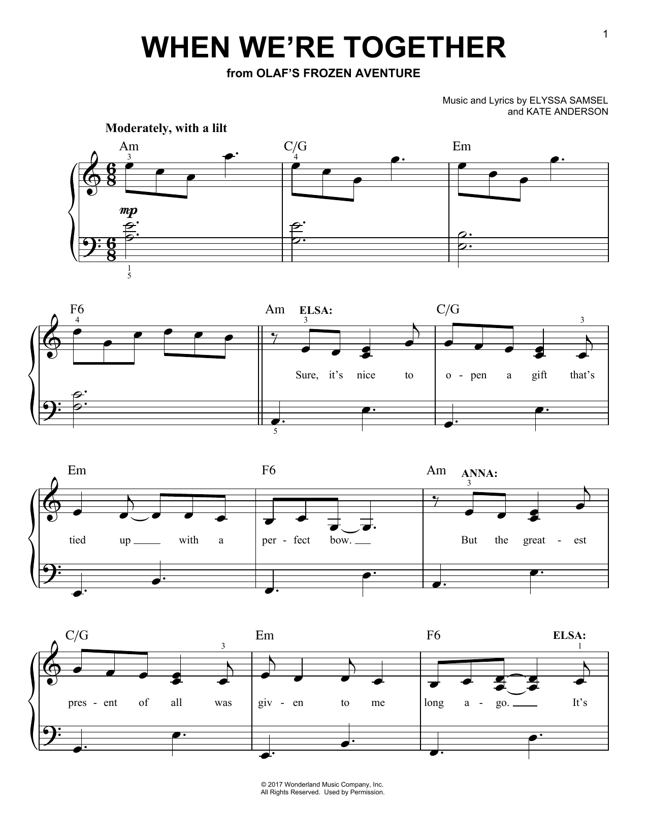 Download Elyssa Samsel When We're Together Sheet Music and learn how to play Easy Piano PDF digital score in minutes
