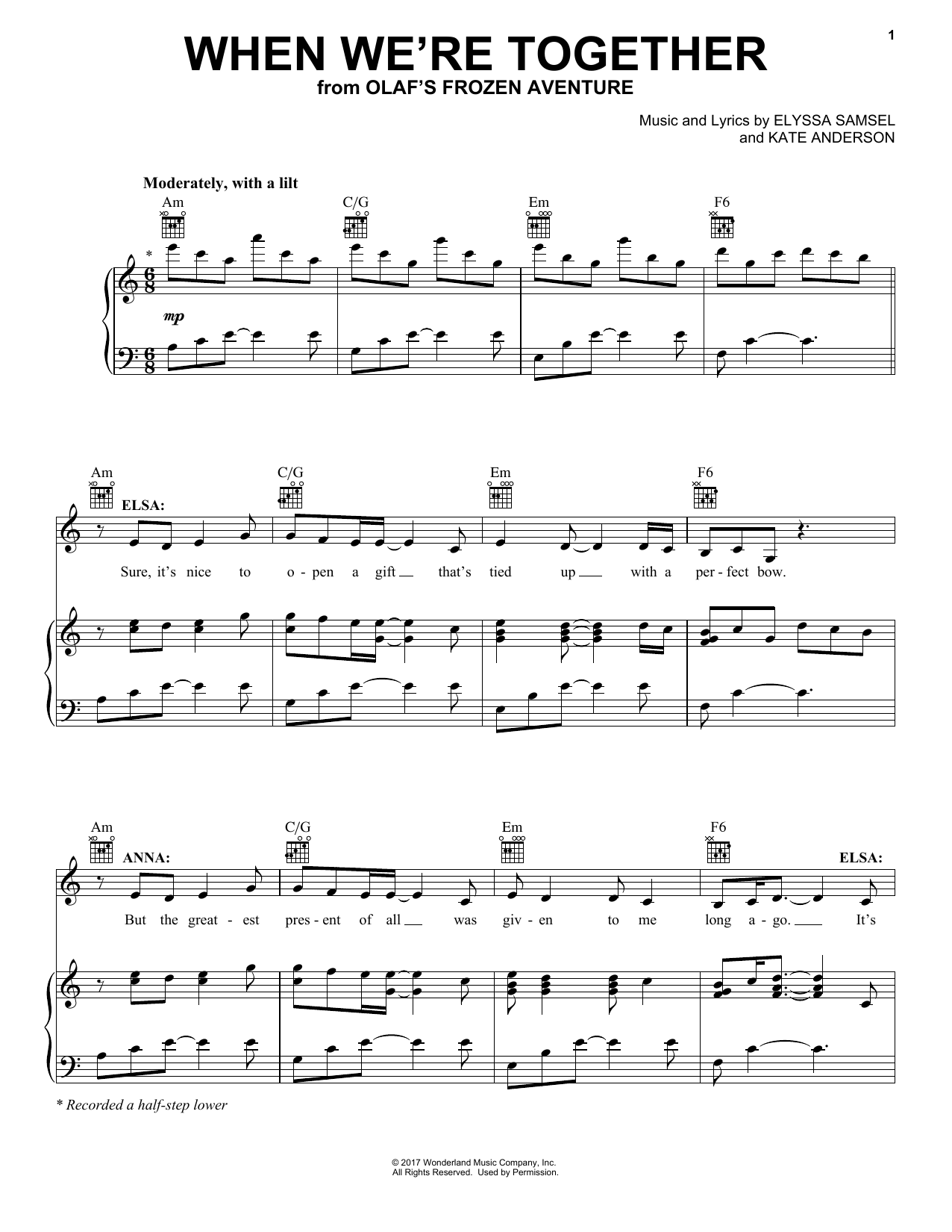 Download Kate Anderson When We're Together Sheet Music and learn how to play Piano, Vocal & Guitar (Right-Hand Melody) PDF digital score in minutes