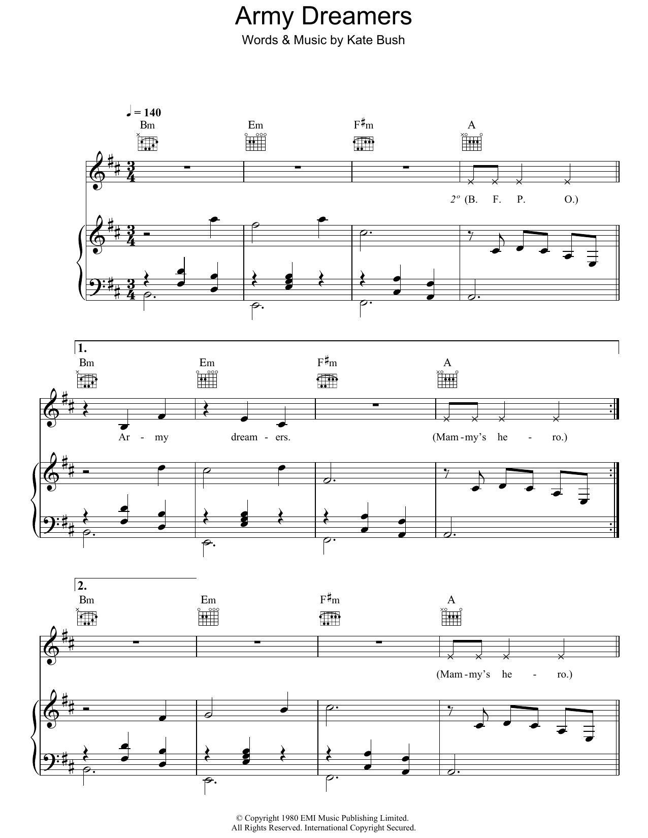Download Kate Bush Army Dreamers Sheet Music and learn how to play Piano, Vocal & Guitar (Right-Hand Melody) PDF digital score in minutes