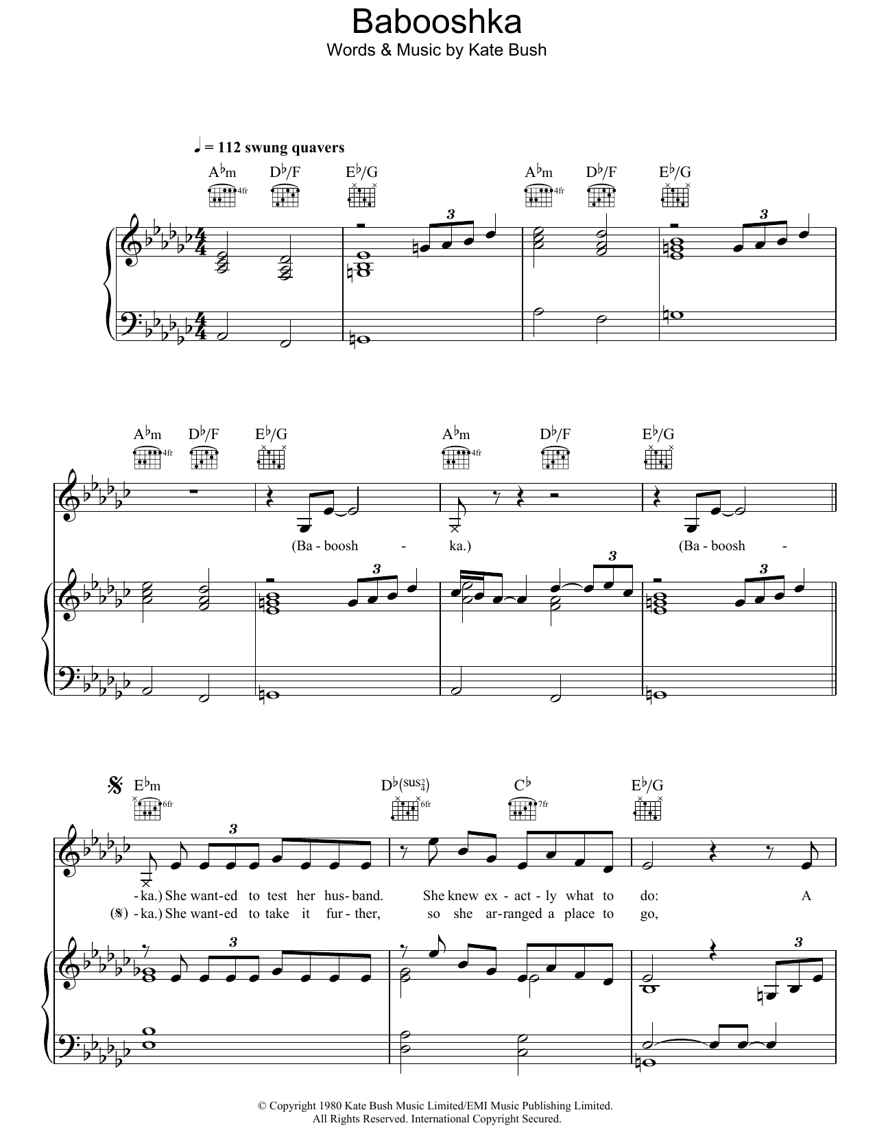 Download Kate Bush Babooshka Sheet Music and learn how to play Piano, Vocal & Guitar (Right-Hand Melody) PDF digital score in minutes