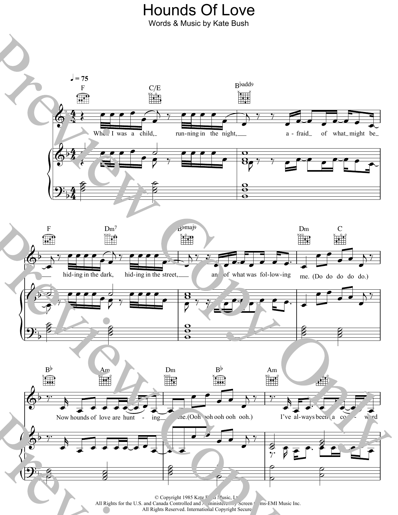 Download Kate Bush Hounds Of Love Sheet Music and learn how to play Piano, Vocal & Guitar (Right-Hand Melody) PDF digital score in minutes