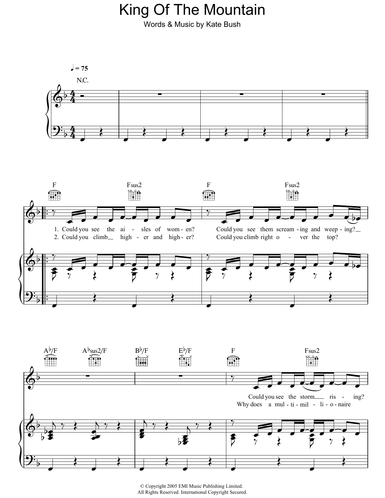 Download Kate Bush King Of The Mountain Sheet Music and learn how to play Piano, Vocal & Guitar Chords PDF digital score in minutes