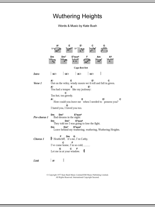 Download Kate Bush Wuthering Heights Sheet Music and learn how to play Ukulele Lyrics & Chords PDF digital score in minutes