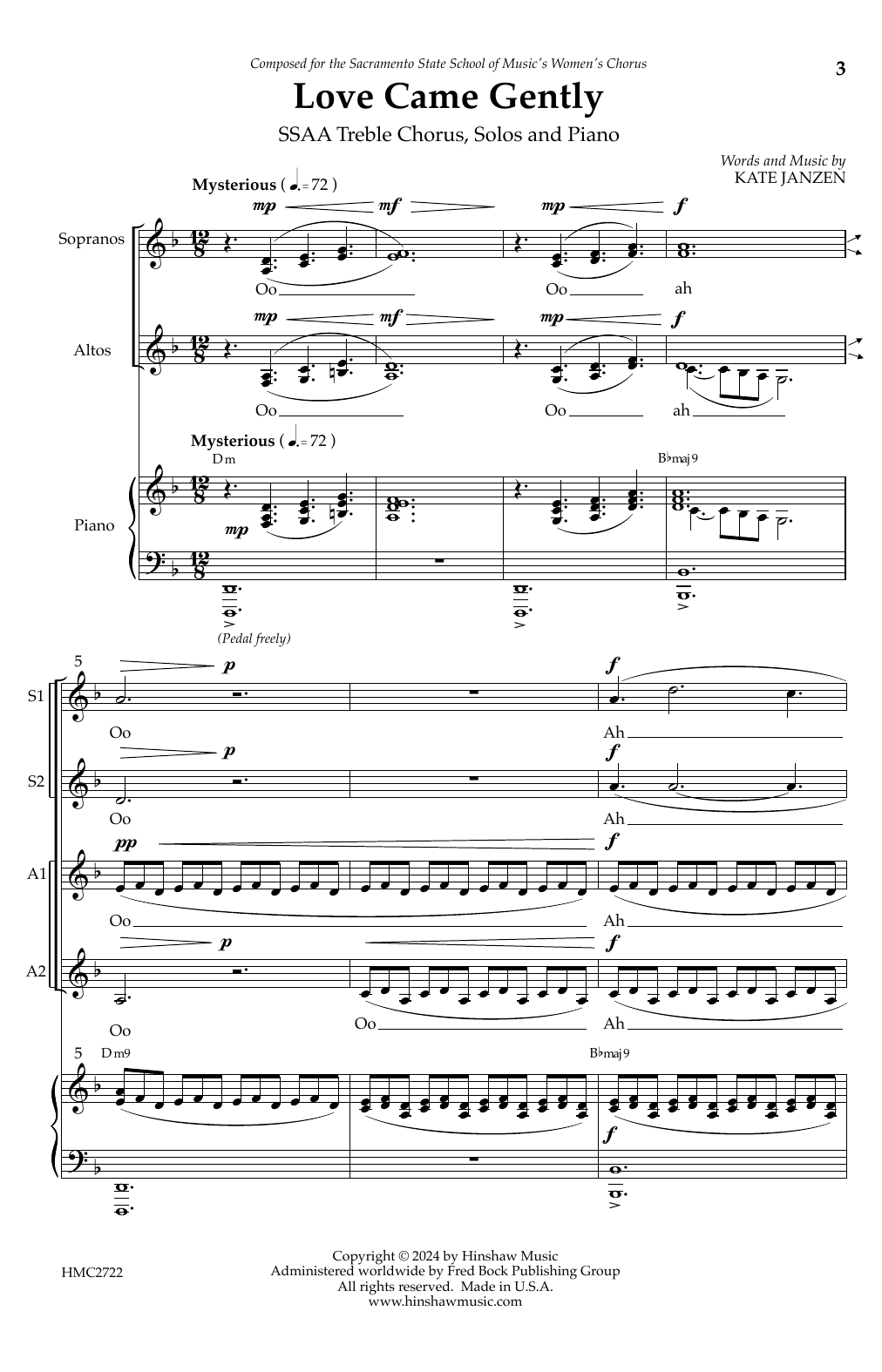 Download Kate Janzen Love Came Gently Sheet Music and learn how to play SSAA Choir PDF digital score in minutes