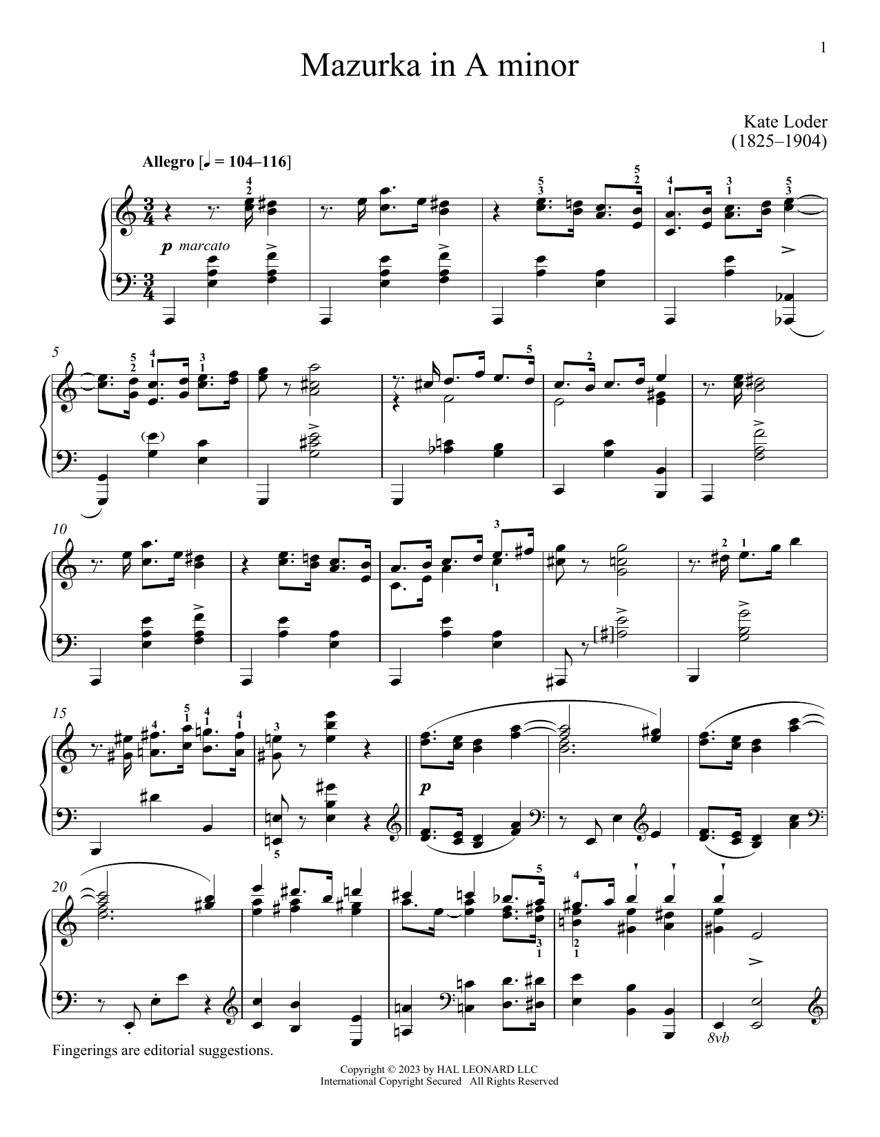 Download Kate Loder Mazurka in A minor Sheet Music and learn how to play Piano Solo PDF digital score in minutes