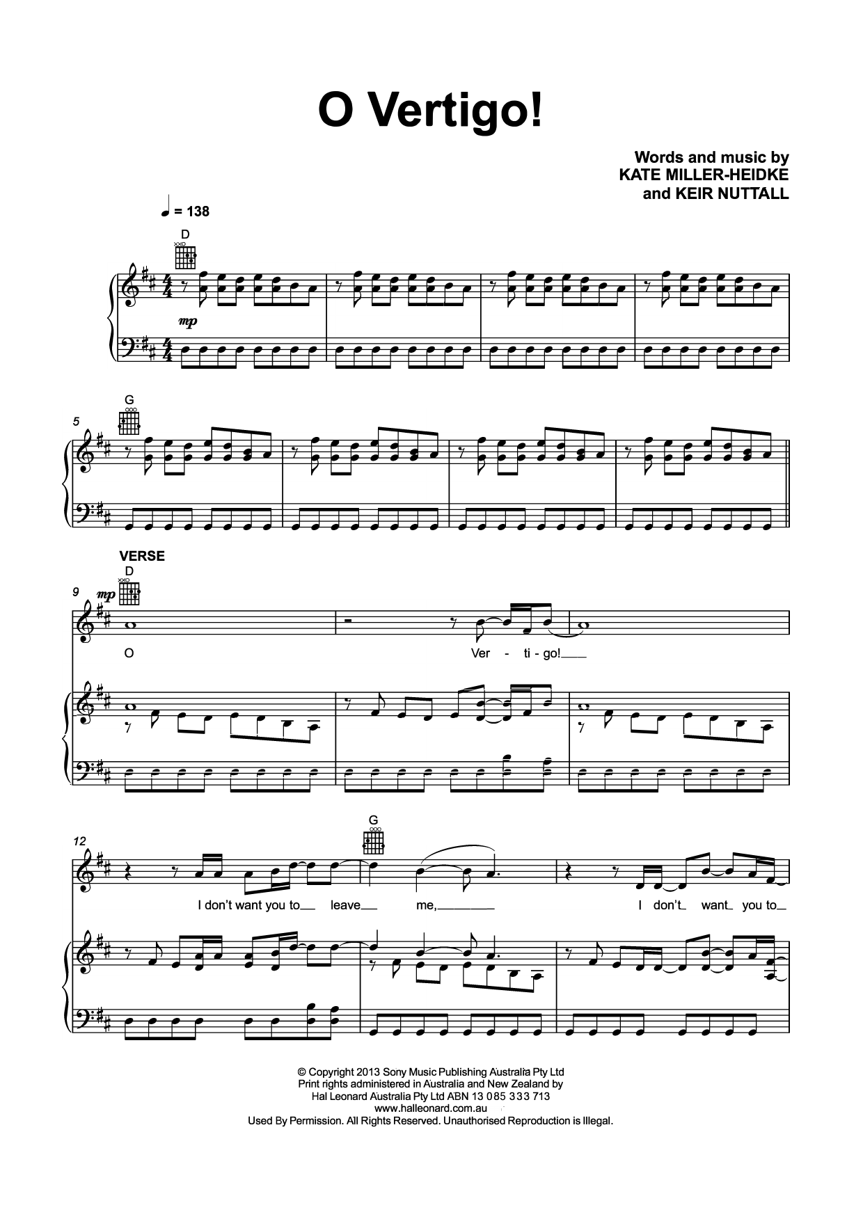 Download Kate Miller-Heidke O Vertigo! Sheet Music and learn how to play Piano, Vocal & Guitar Chords (Right-Hand Melody) PDF digital score in minutes