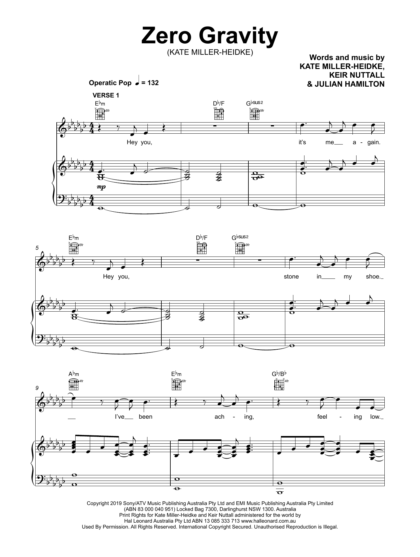 Download Kate Miller-Heidke Zero Gravity Sheet Music and learn how to play Piano, Vocal & Guitar Chords (Right-Hand Melody) PDF digital score in minutes
