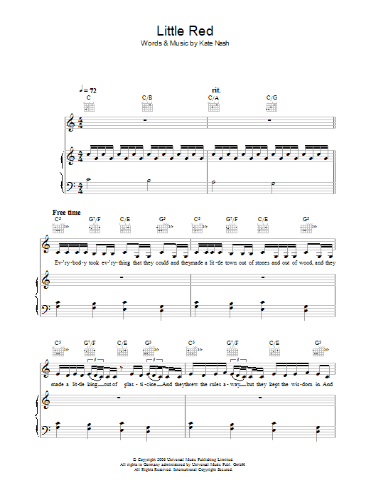 Download Kate Nash Little Red Sheet Music and learn how to play Piano, Vocal & Guitar PDF digital score in minutes