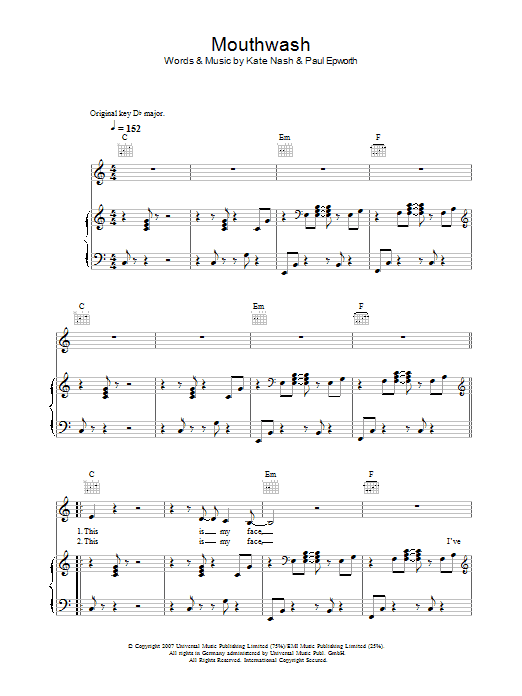 Download Kate Nash Mouthwash Sheet Music and learn how to play Lyrics & Chords PDF digital score in minutes