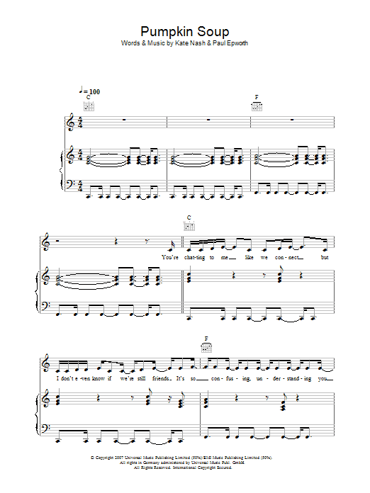 Download Kate Nash Pumpkin Soup Sheet Music and learn how to play Piano, Vocal & Guitar PDF digital score in minutes