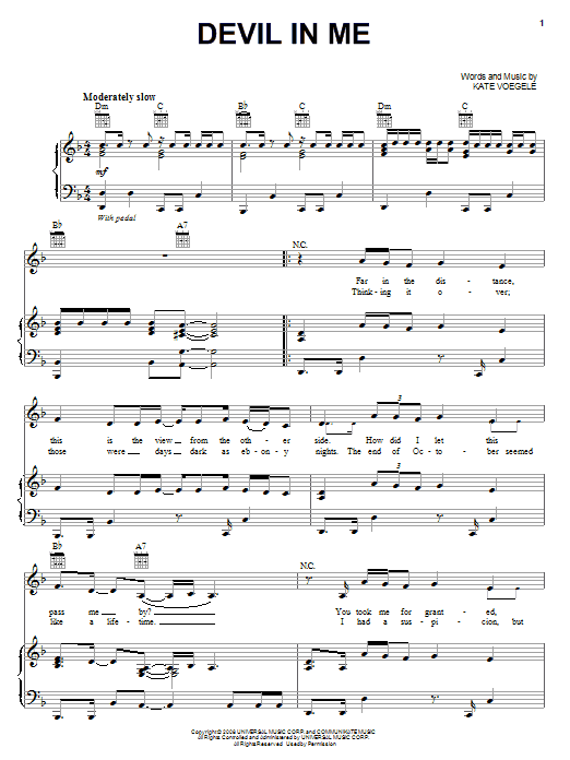 Download Kate Voegele Devil In Me Sheet Music and learn how to play Piano, Vocal & Guitar (Right-Hand Melody) PDF digital score in minutes