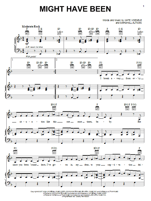 Download Kate Voegele Might Have Been Sheet Music and learn how to play Piano, Vocal & Guitar (Right-Hand Melody) PDF digital score in minutes