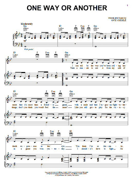 Download Kate Voegele One Way Or Another Sheet Music and learn how to play Piano, Vocal & Guitar (Right-Hand Melody) PDF digital score in minutes