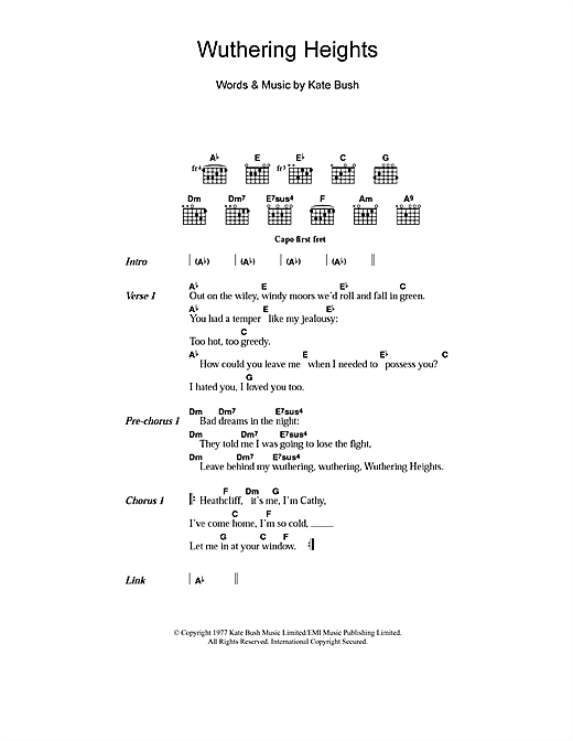 Download Kate Bush Wuthering Heights Sheet Music and learn how to play Lyrics & Chords PDF digital score in minutes