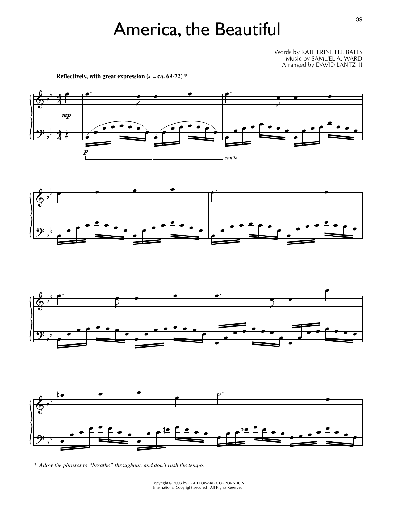 Download Katharine Lee Bates America, The Beautiful (arr. David Lantz III) Sheet Music and learn how to play Piano Solo PDF digital score in minutes