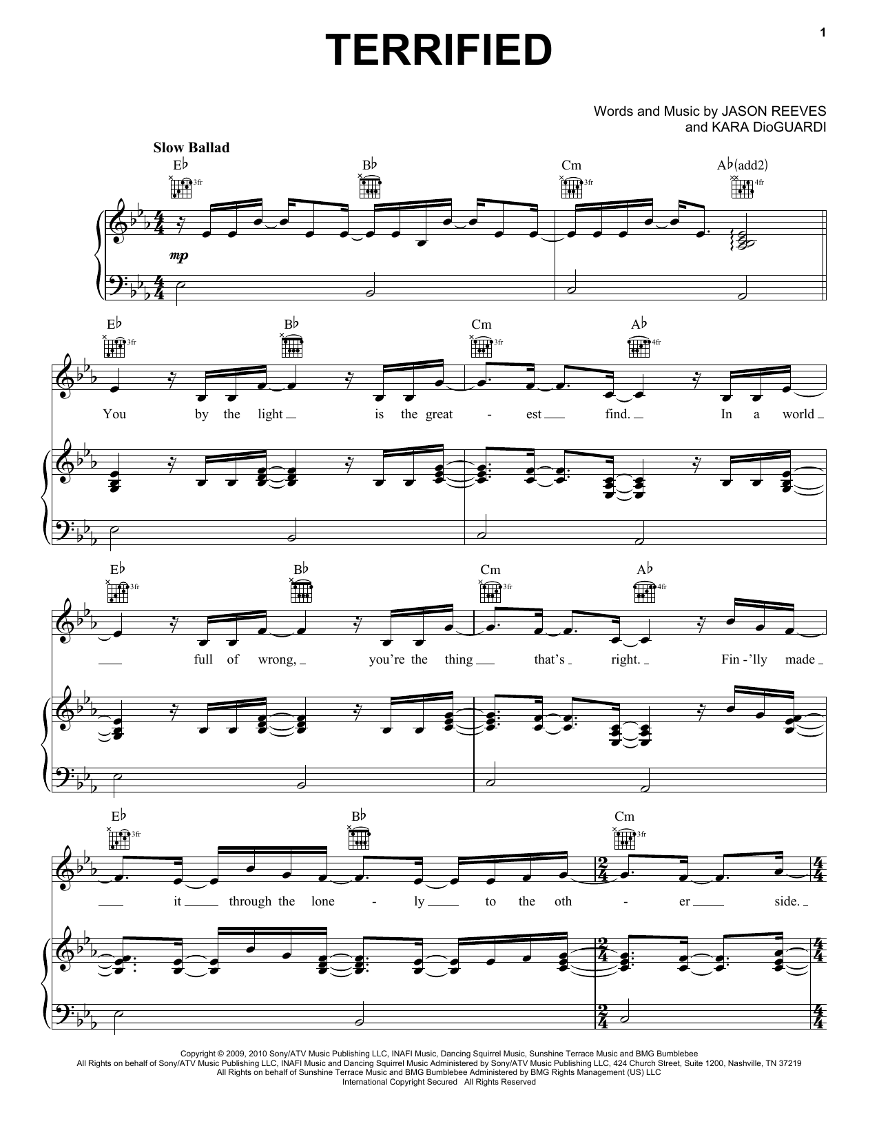Download Katharine McPhee Terrified Sheet Music and learn how to play Piano, Vocal & Guitar (Right-Hand Melody) PDF digital score in minutes
