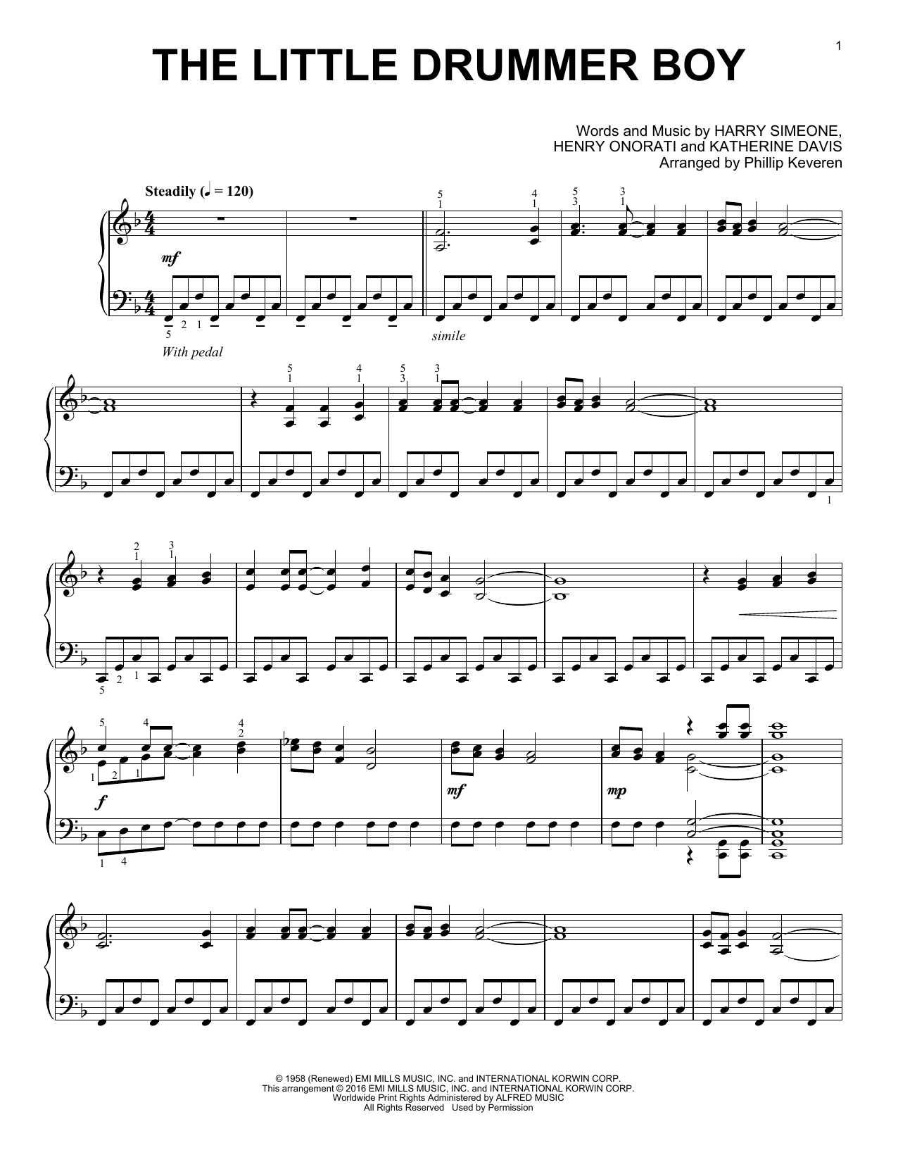 Download Katherine Davis The Little Drummer Boy (arr. Phillip Keveren) Sheet Music and learn how to play Easy Piano PDF digital score in minutes