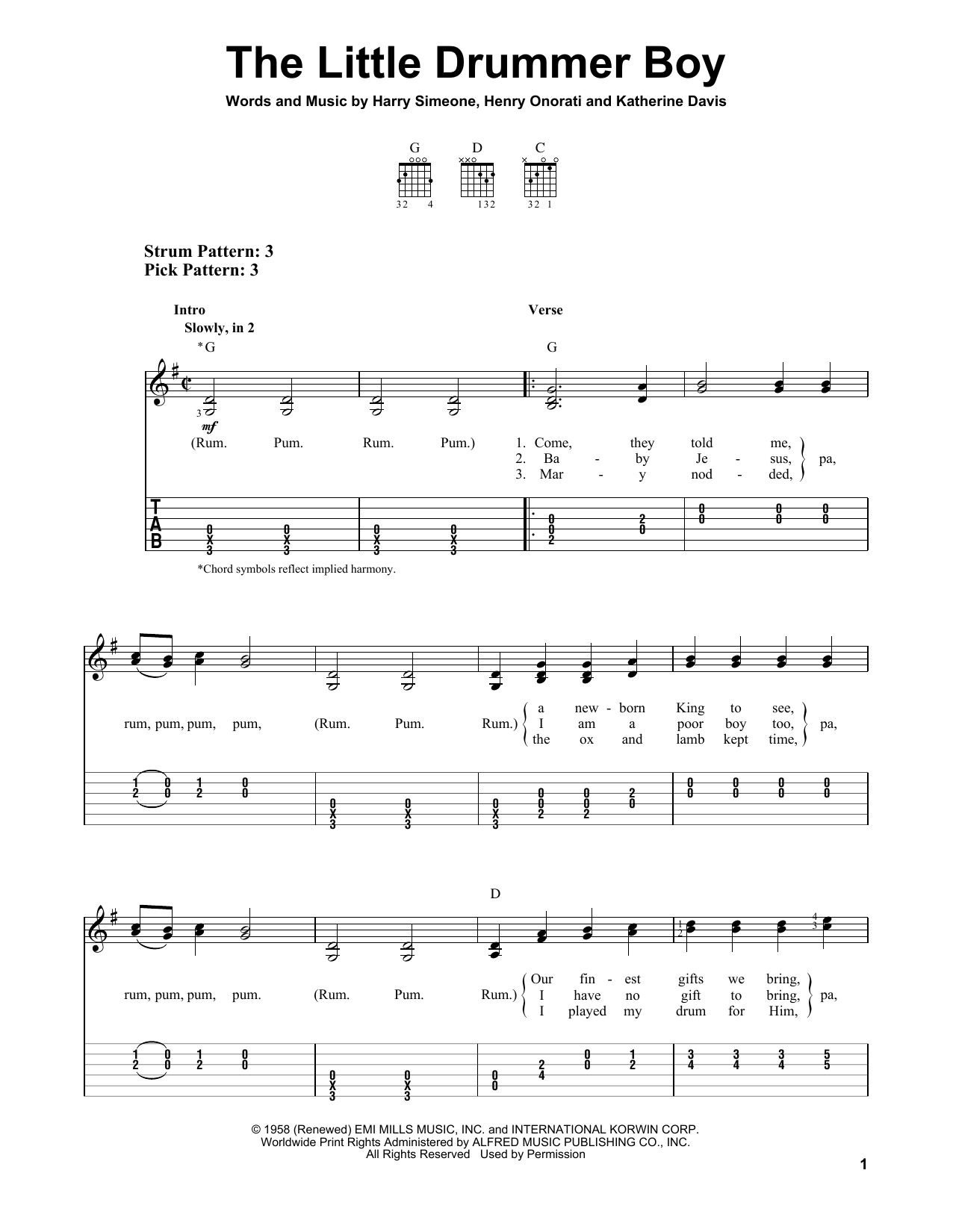 Download Katherine K. Davis The Little Drummer Boy Sheet Music and learn how to play Easy Guitar Tab PDF digital score in minutes