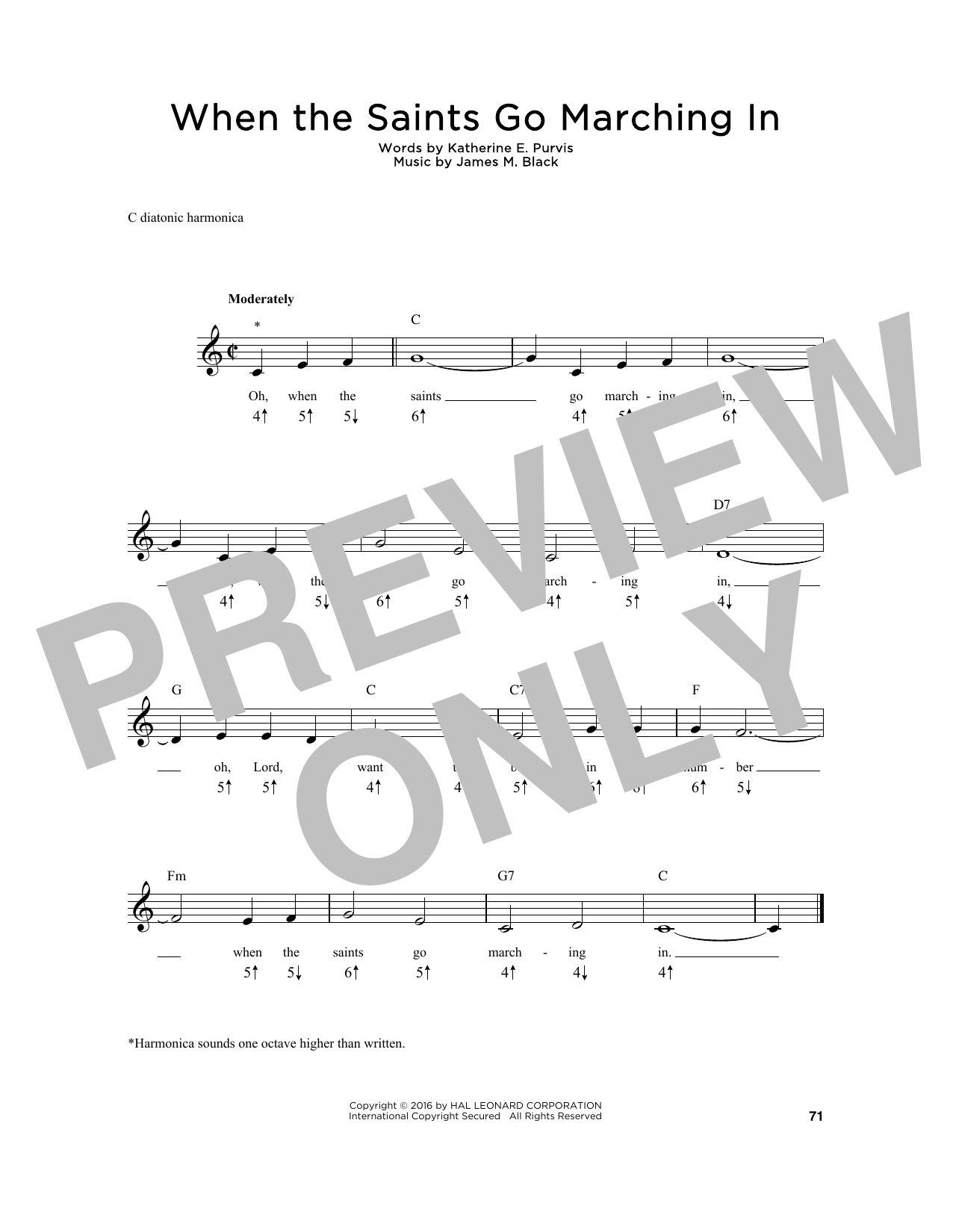 Download Katherine E. Purvis When The Saints Go Marching In Sheet Music and learn how to play Harmonica PDF digital score in minutes