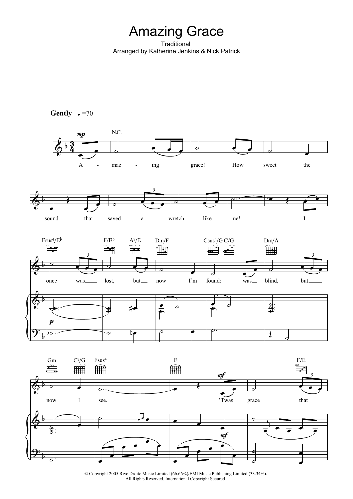 Download Katherine Jenkins Amazing Grace Sheet Music and learn how to play Piano, Vocal & Guitar PDF digital score in minutes