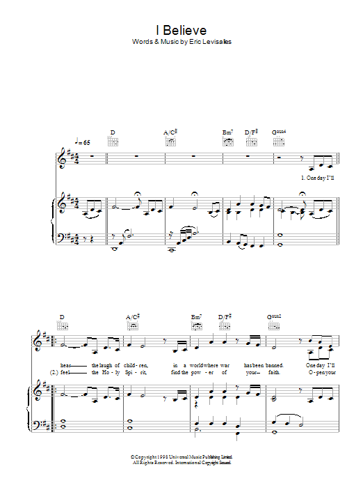 Download Katherine Jenkins I Believe Sheet Music and learn how to play Piano, Vocal & Guitar (Right-Hand Melody) PDF digital score in minutes