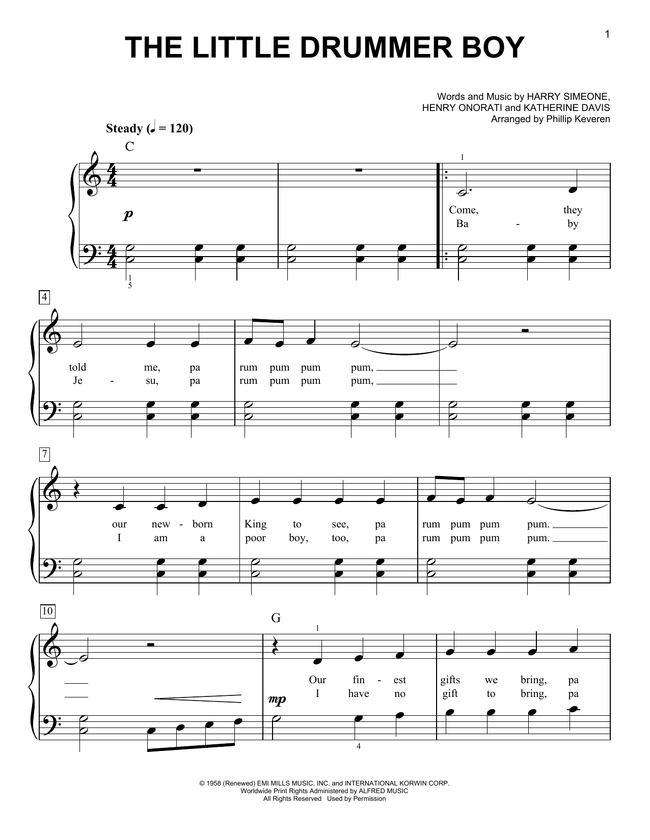 Download Katherine Davis The Little Drummer Boy (arr. Phillip Keveren) Sheet Music and learn how to play Easy Piano PDF digital score in minutes