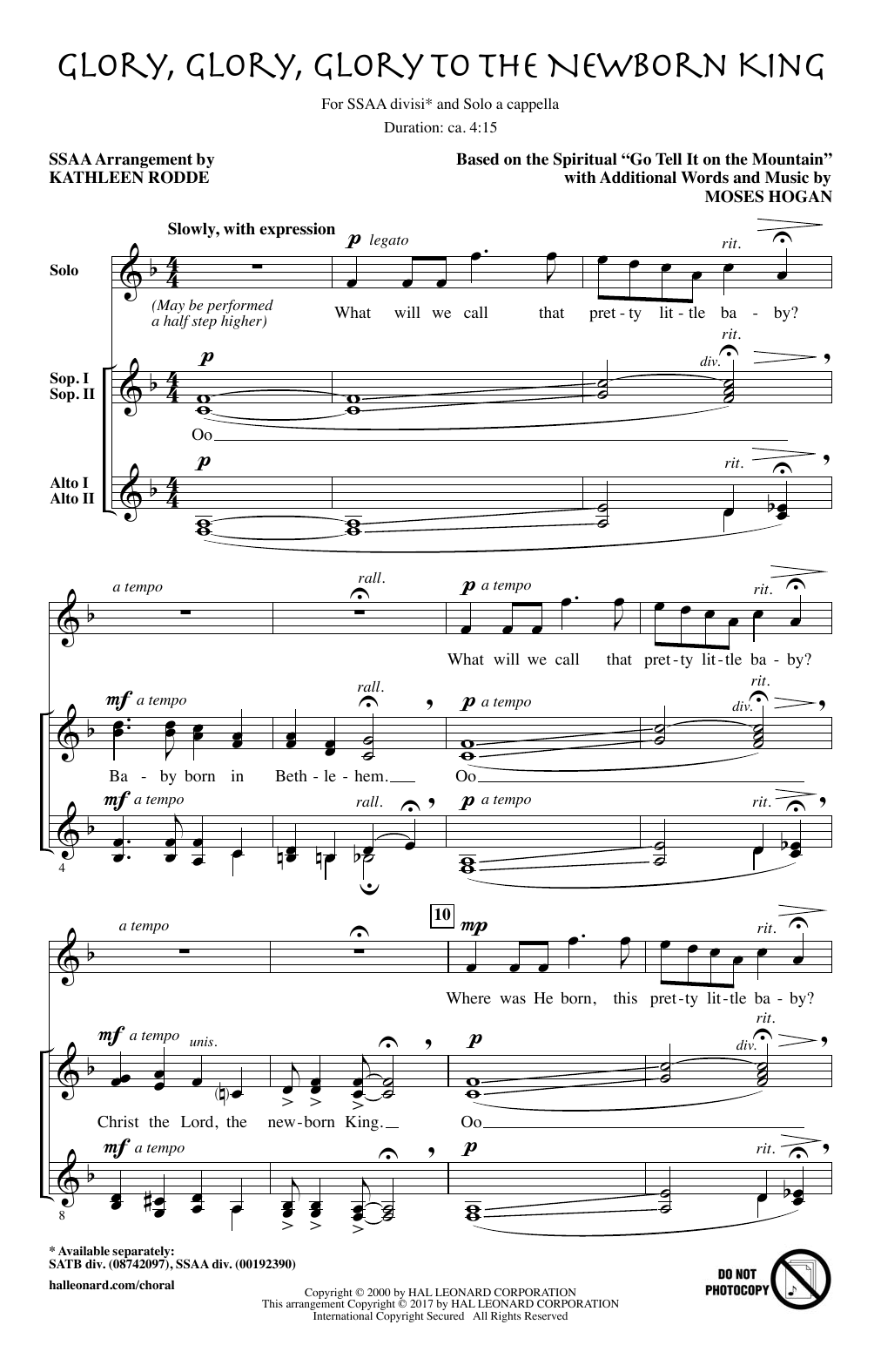 Download Kathleen Rodde Glory, Glory To The Newborn King Sheet Music and learn how to play SSA PDF digital score in minutes