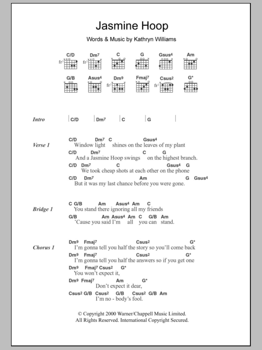 Download Kathryn Williams Jasmine Hoop Sheet Music and learn how to play Lyrics & Chords PDF digital score in minutes