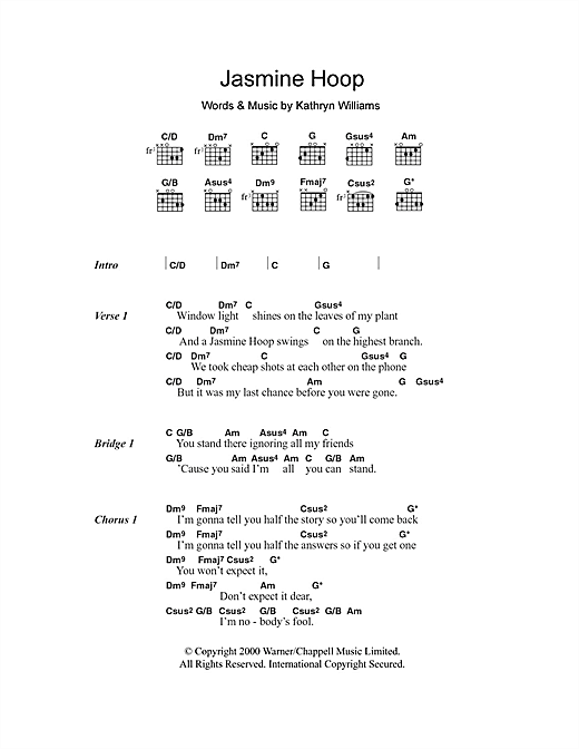 Download Kathryn Williams Jasmine Hoop Sheet Music and learn how to play Lyrics & Chords PDF digital score in minutes