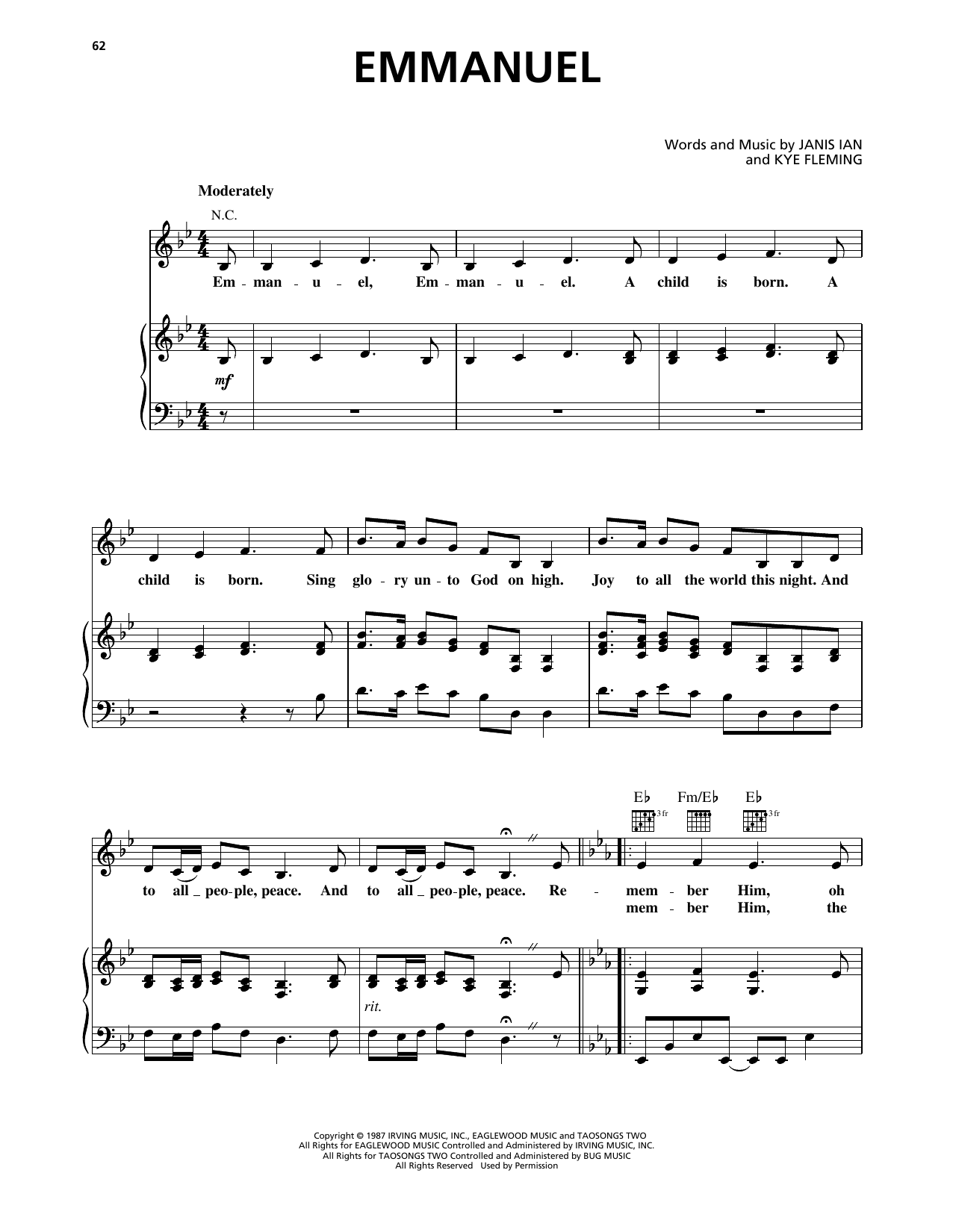 Download Kathy Mattea Emmanuel Sheet Music and learn how to play Piano, Vocal & Guitar Chords (Right-Hand Melody) PDF digital score in minutes