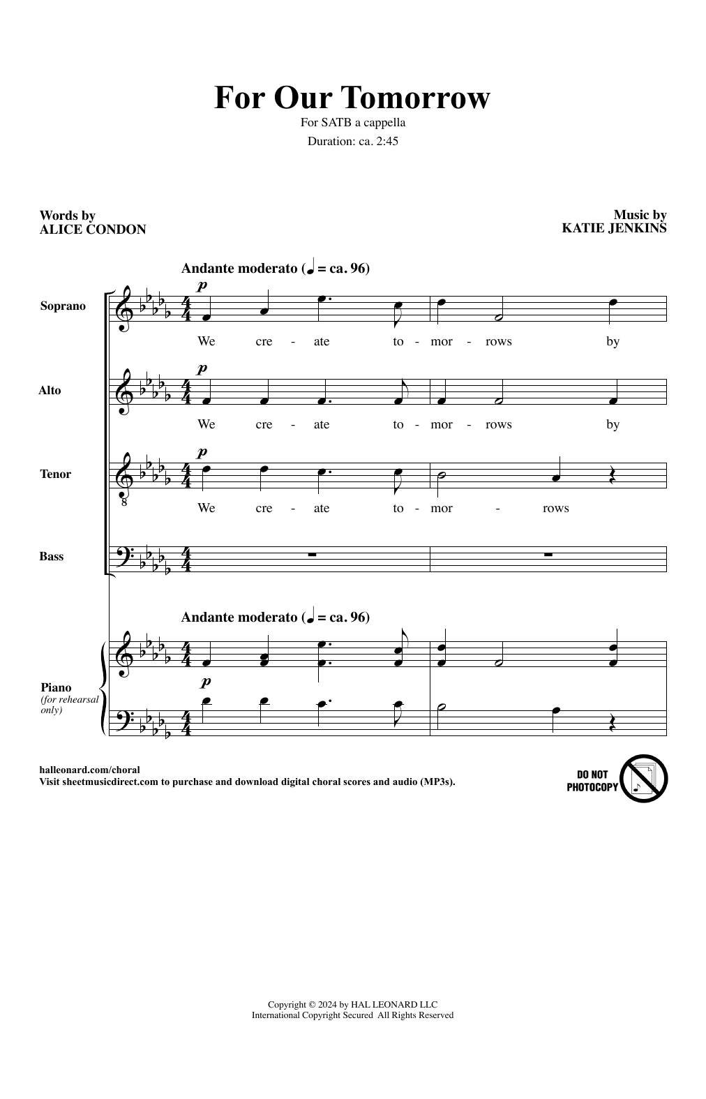 Download Katie Jenkins For Our Tomorrow Sheet Music and learn how to play SATB Choir PDF digital score in minutes