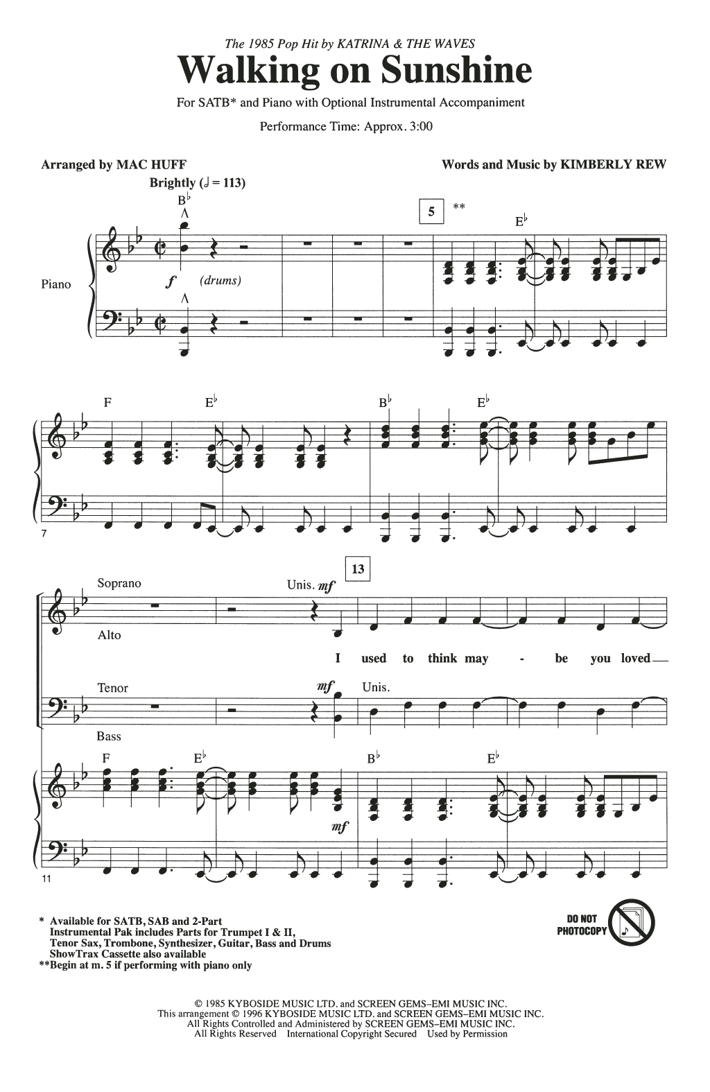Download Katrina And The Waves Walking On Sunshine (arr. Mac Huff) Sheet Music and learn how to play SATB Choir PDF digital score in minutes