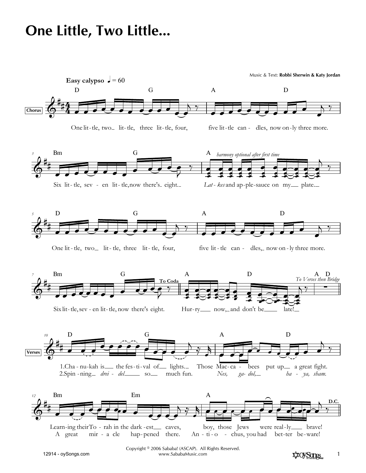 Download Katy Jordan One Little, Two Little Sheet Music and learn how to play Melody Line, Lyrics & Chords PDF digital score in minutes