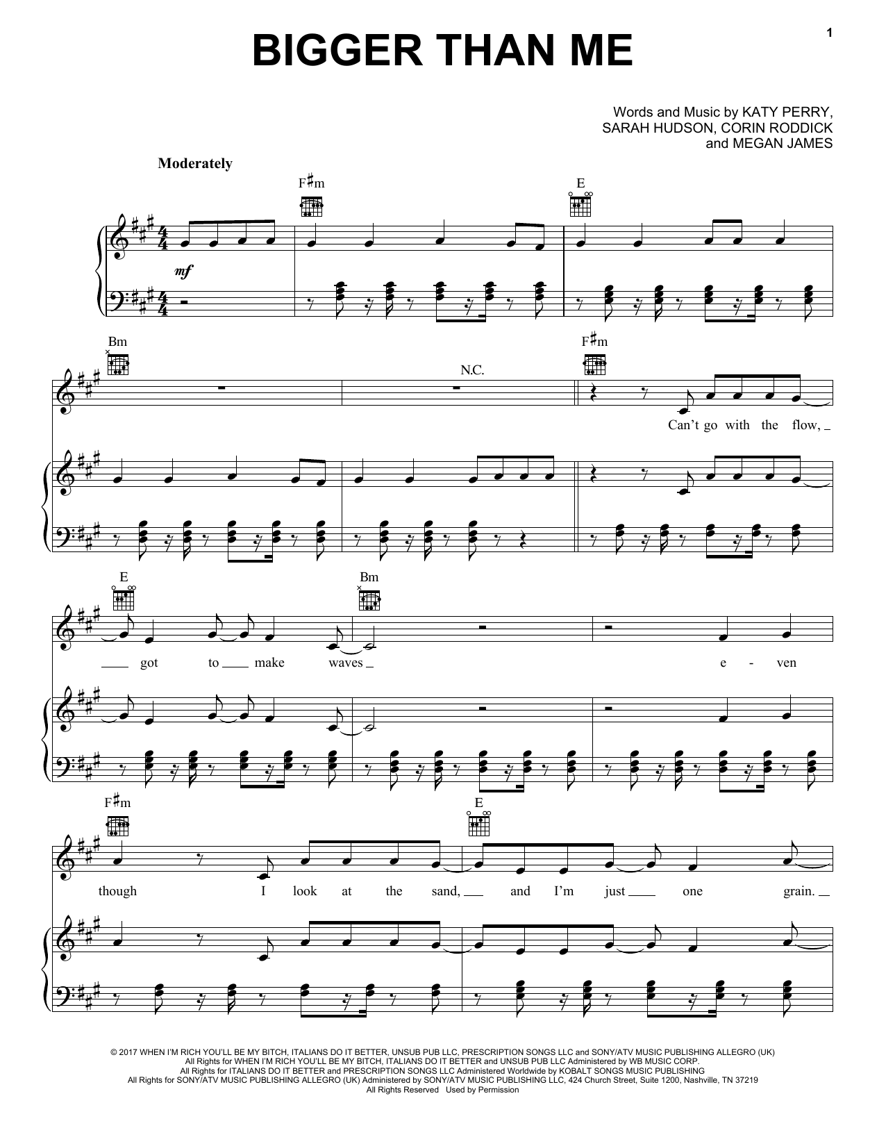 Download Katy Perry Bigger Than Me Sheet Music and learn how to play Piano, Vocal & Guitar (Right-Hand Melody) PDF digital score in minutes