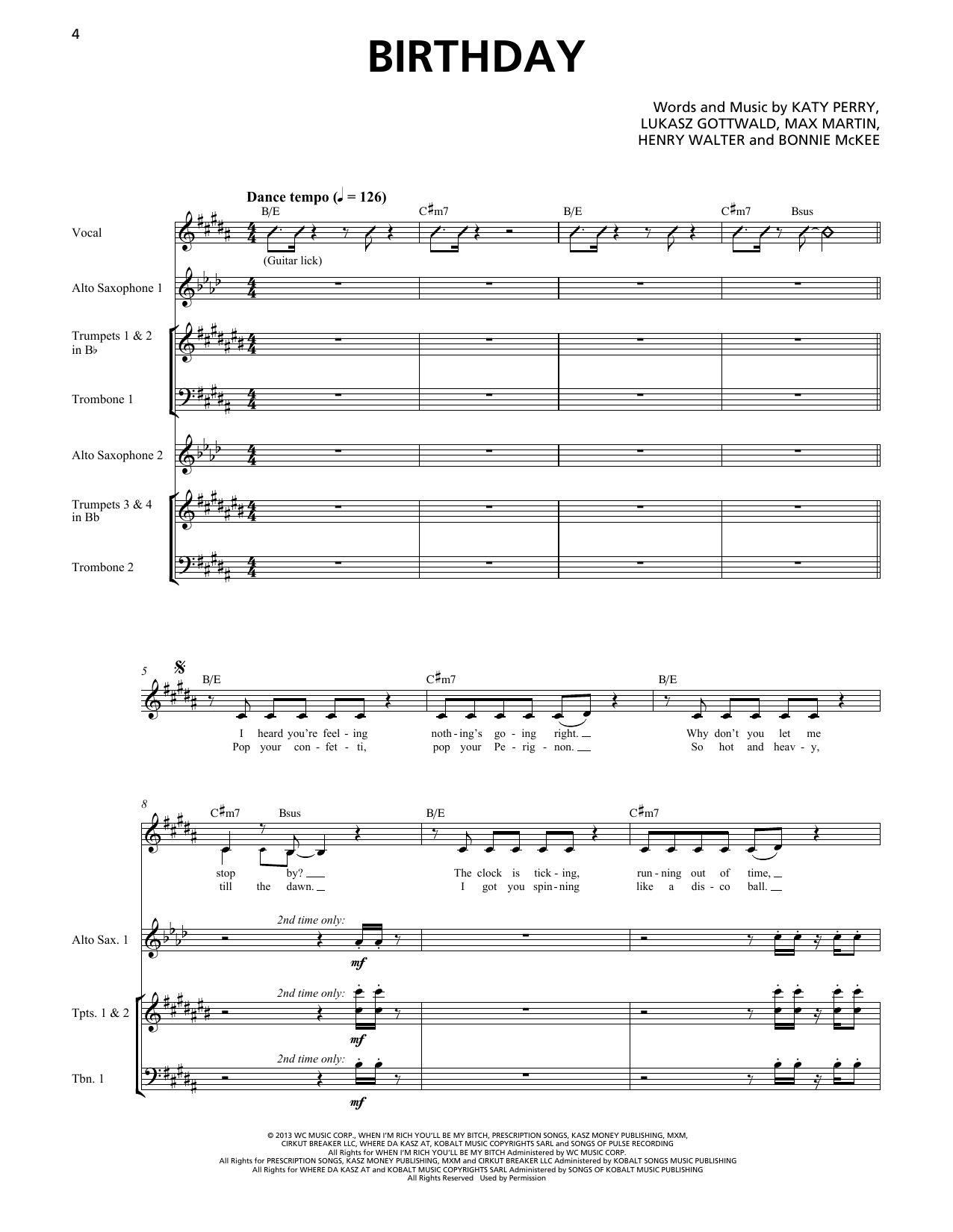 Download Katy Perry Birthday (Horn Section) Sheet Music and learn how to play Transcribed Score PDF digital score in minutes