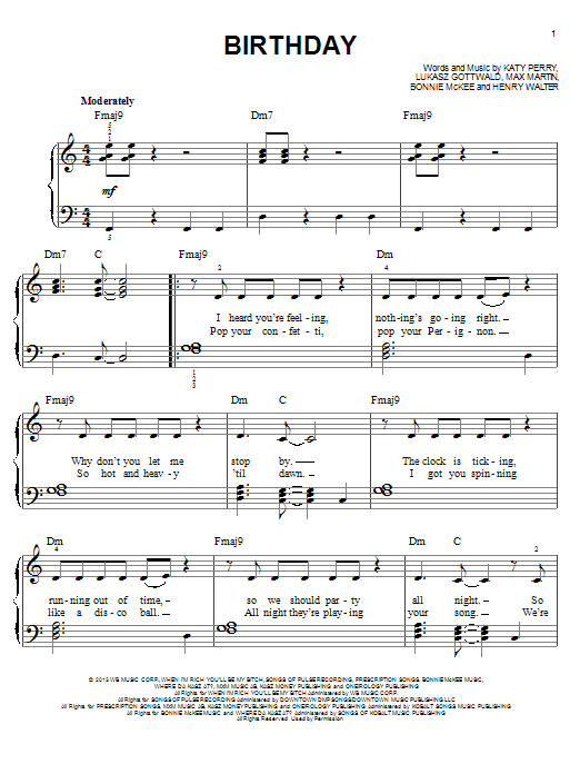 Download Katy Perry Birthday Sheet Music and learn how to play Piano, Vocal & Guitar (Right-Hand Melody) PDF digital score in minutes