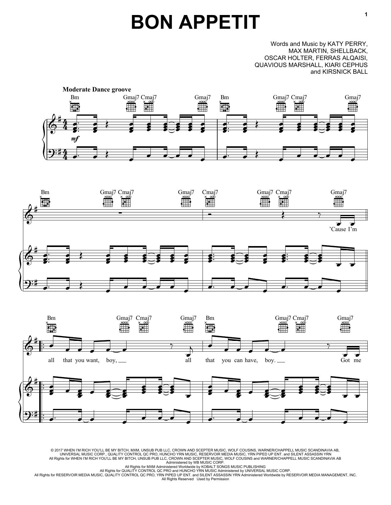 Download Katy Perry Bon Appetit Sheet Music and learn how to play Piano, Vocal & Guitar (Right-Hand Melody) PDF digital score in minutes